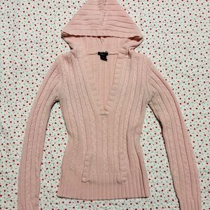 Y2K Rue21 Pink Cable Knit Hoodie Sweater Vintage 2000s Fitted Coquette
